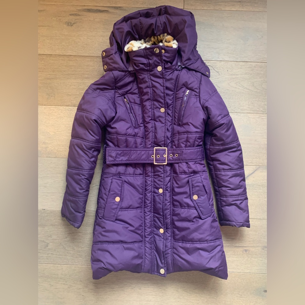 Girls Plum Hooded Puffer Coat with Leopard Trim Collar & Belt